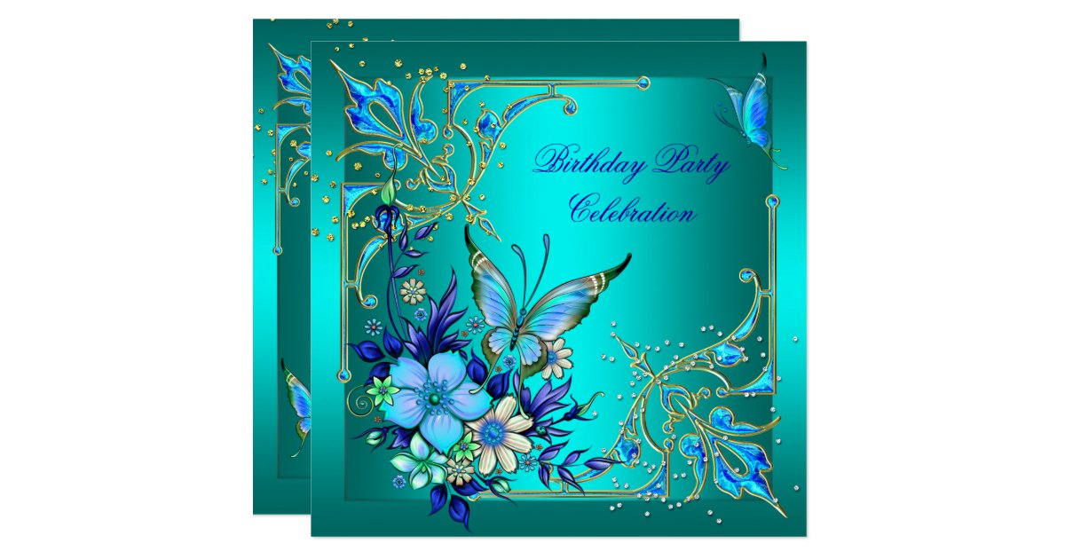 Teal Royal Blue Butterfly Birthday Party Card Zazzle