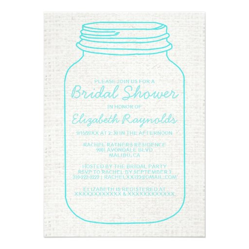Teal Rustic Burlap Mason Jar Bridal Shower Invites