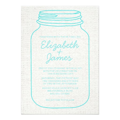 Teal Rustic Burlap Mason Jar Wedding Invitations