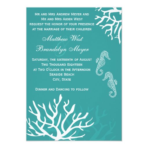 Teal Sea Coral Seahorse Wedding Invitations (front side)