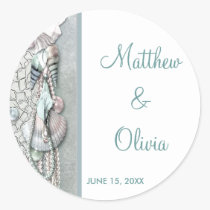 Teal Seashells Pearl Beach Wedding Favor Stickers stickers