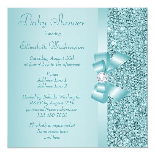 Teal Sequins, Bow & Diamond Baby Shower Announcement