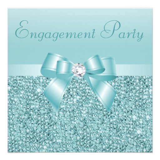 Teal Sequins, Bow & Diamond Engagement Party Personalized Invite