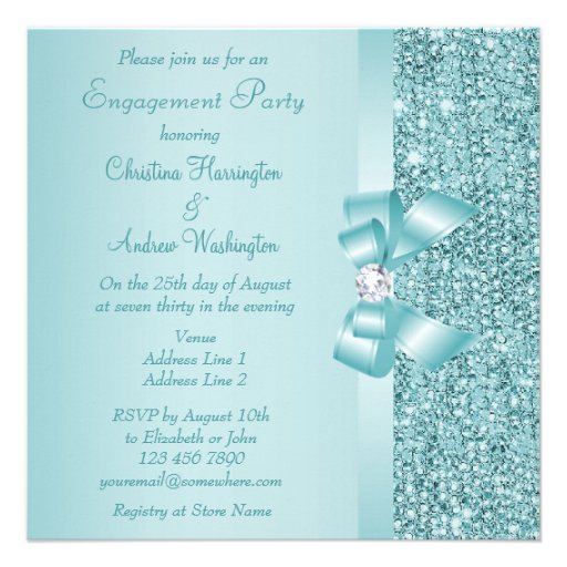 Teal Sequins, Bow & Diamond Engagement Party Personalized Invite