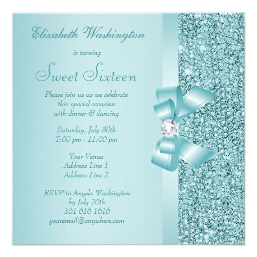 Teal Sequins, Bow & Diamond Sweet 16 Invitation