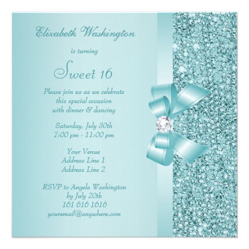 Teal Sequins, Bow & Diamond Sweet 16 Invites