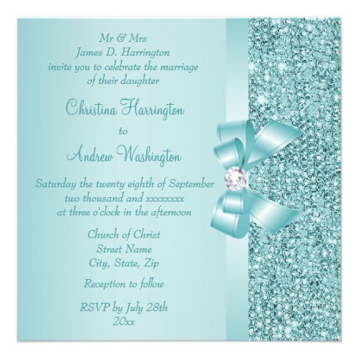 Teal Sequins, Bow & Diamond Wedding Custom Announcements