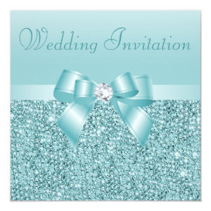 Teal Sequins, Bow & Diamond Wedding 5.25x5.25 Square Paper Invitation Card