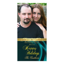 Teal Silk Happy Holiday Gold Photo Card