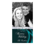 Teal Silk Happy Holiday Silver Photo Card