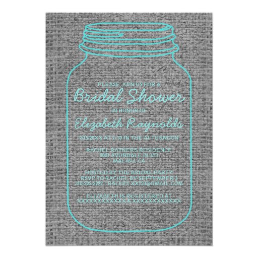 Teal Silver Burlap Mason Jar Bridal Shower Invites