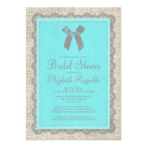 Teal Silver Country Burlap Bridal Shower Invites