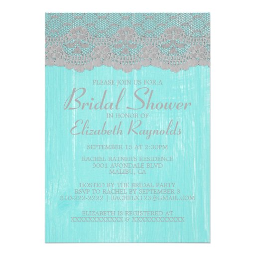 Teal Silver Country Lace Bridal Shower Invitations