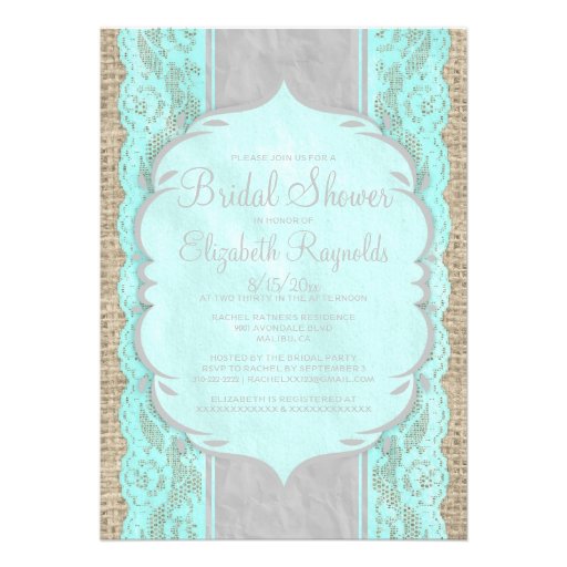 Teal Silver Linen Lace Bridal Shower Invitations