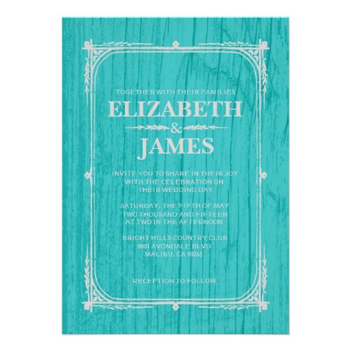 Teal & Silver Rustic Barn Wood Wedding Invitations