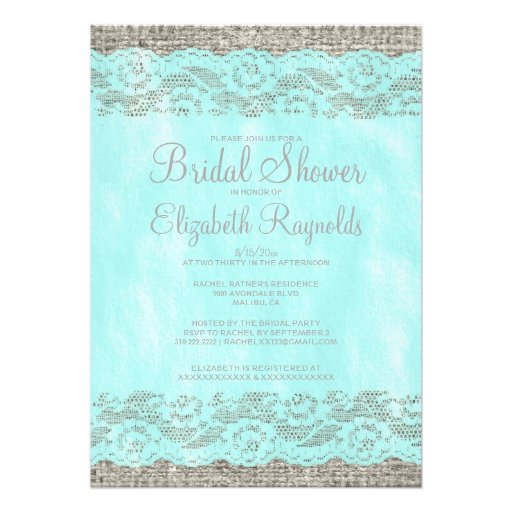 Teal Silver Rustic Lace Bridal Shower Invitations