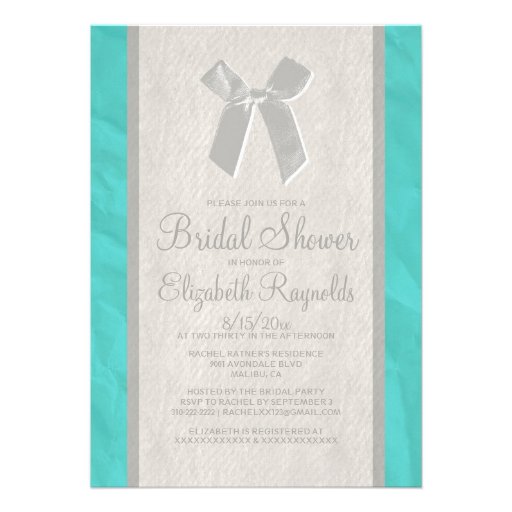 Teal Silver Vintage Bow Linen Bridal Shower Invite