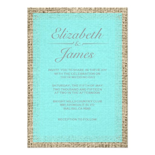 Teal & Silver Vintage Burlap Wedding Invitations