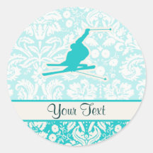 Teal Snow Skiing Round Sticker