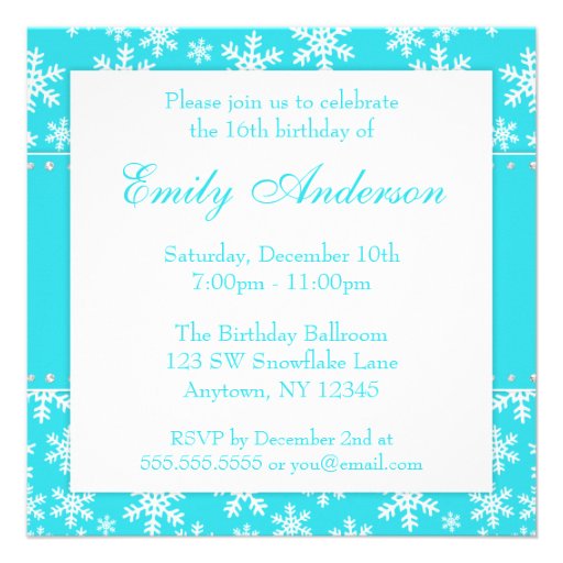 Teal Snowflakes Diamond Sweet 16 Invitations