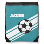 Teal Soccer Stripes Drawstring Backpacks