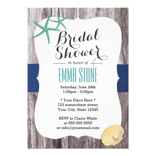 Teal Starfish Wood Background Beach Bridal Shower Invite (front side)
