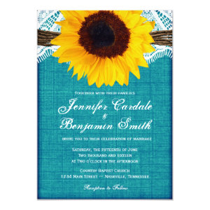 Teal Sunflower Rustic Country Wedding Invites