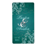 Teal Swirl Silver Jeweled Wedding Wine Label