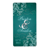 Teal Swirl Silver Jeweled Wedding Wine Label