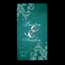 Teal Swirl Silver Jeweled Wedding Wine Label labels