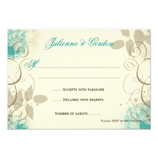 Teal Tan Grunge Swirls Leaves Response Cards Personalized Announcement