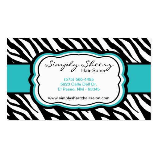 Teal Turquois Zebra Print Hair Salon Business Card (front side)