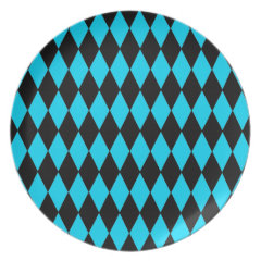 Teal Turquoise Blue and Black Diamond Pattern Party Plates