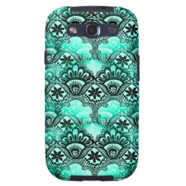 Teal Turquoise Blue and Black Lace Damask Pattern Galaxy SIII Covers