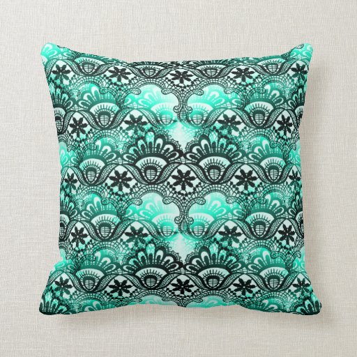 Teal Turquoise Blue and Black Lace Damask Pattern Pillow Zazzle