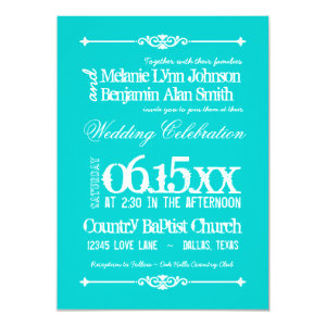 Teal Turquoise Blue Typography Wedding Invitations