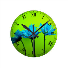 Teal Turquoise Daisies on Lime Green Flowers Gifts Wall Clocks