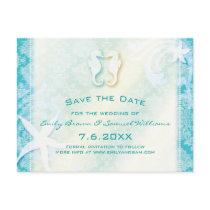 Teal, Turquoise Sea Horse Wedding Save the Date Postcards