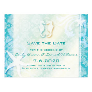Teal, Turquoise Sea Horse Wedding Save the Date Postcards