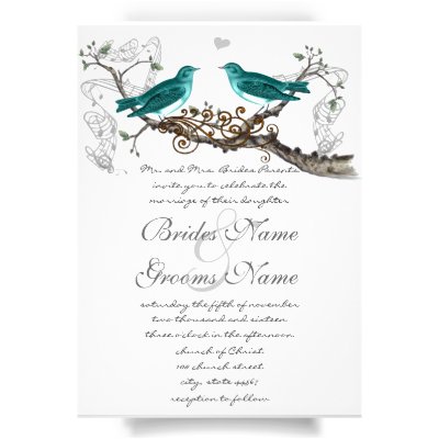 Teal Vintage Birds Wedding Invite
