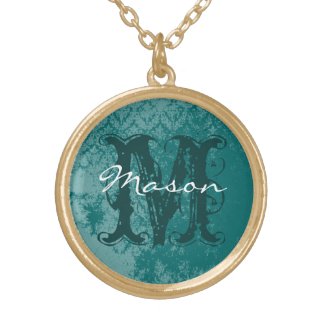 Teal Vintage Damask Monogram Necklace necklace