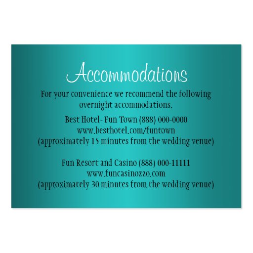 Teal Wedding Accommodation - Reception Cards Business Card Template
