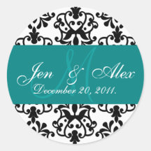 Teal Wedding Monogram Names Date Paisley Seal Sticker