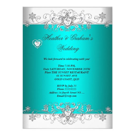 Teal Wedding Silver White Diamond Hearts Custom Invite