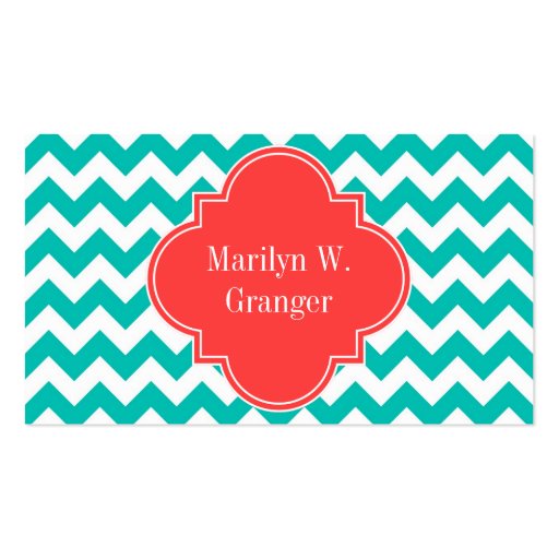 Teal White Chevron Coral Quatrefoil 3 Monogram Business Card Template (back side)
