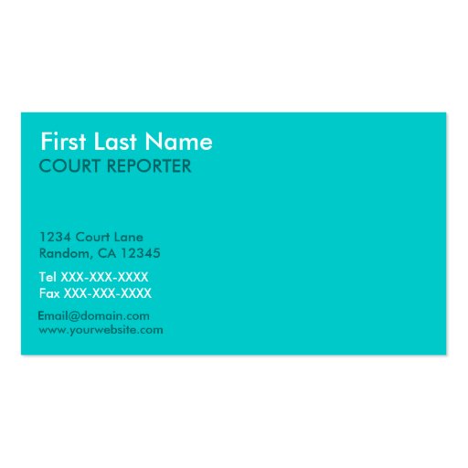 Teal white court reporter custom business cards (front side)