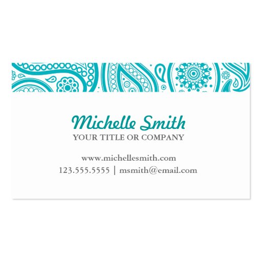 Teal White Floral Paisley Business Card Template (front side)