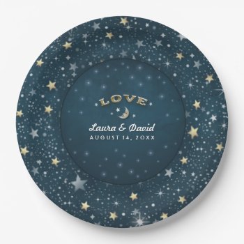 Teal White & Gold Love Moon & Stars Wedding 9 Inch Paper Plate by juliea2010 at Zazzle