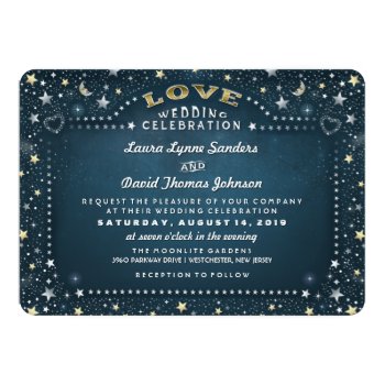 Teal White & Gold Moon & Stars Love Wedding 5x7 Paper Invitation Card by juliea2010 at Zazzle