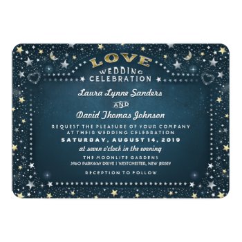 Teal White Gold Moon Stars Reception Info On Back 5x7 Paper Invitation Card by juliea2010 at Zazzle